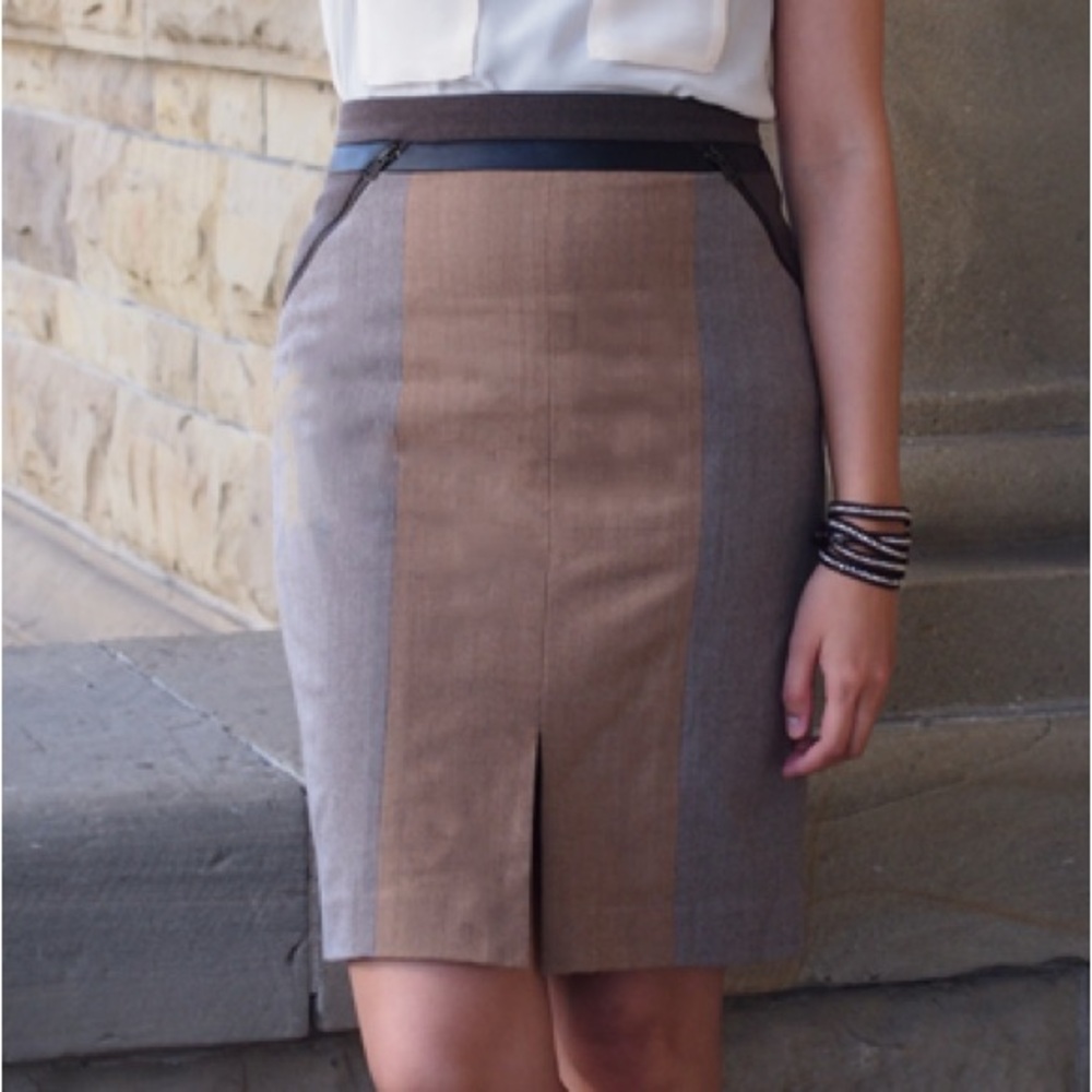 Club Monaco Wool & Leather Neutral Colourblock Pencil Skirt